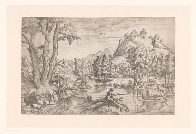 Maisema kalastajan ja linnan kanssa vuoren huipulla tekijältä Etienne Dupérac (attributed to)