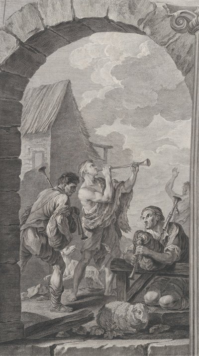 Foundlings kappeli Pariisissa: Paimenten ryhmä: trumpetin soittajia ja m..., 1754. tekijältä Etienne Fessard