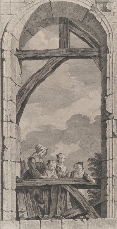 Foundlings kappeli Pariisissa: Nunna ja pienet tytöt katsomassa crec..., 1756. tekijältä Etienne Fessard