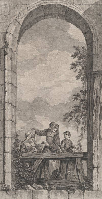 Foundlings kappeli Pariisissa: Nunnat ja pojat katselemassa syntymäpaikkaa,..., 1757. tekijältä Etienne Fessard
