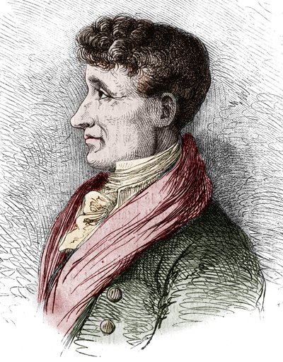 Ranskalaisen kirjailijan Joseph Joubertin (1754-1824) muotokuva. Bocourin kaiverrus "" Le Magasin viehättävässä"" tekijältä Etienne Gabriel Bocourt