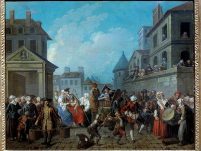 Karnevaali Pariisin kaduilla Etienne Jeauratin (1699-1789) maalaus 1757. Koko 0,65 x 0,82 m Pariisi, Musee Carnavalet tekijältä Étienne Jeaurat
