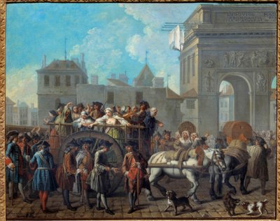 Ilontyttöjen käytös Salpetrieressa, kulku Saint Bernardin porttien ohi Nykyinen Salpetrieren sairaala oli alun perin vankila ja naisten hoitopaikka. Etienne Jeauratin (1699-1789) maalaus 1757 Dim. 0,65 x 0,82 m Pariisi, Musee Car tekijältä Étienne Jeaurat