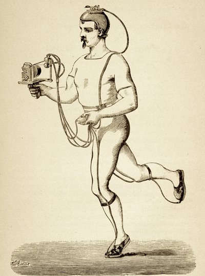 Juoksijalle toimitettu laite, jonka tarkoituksena oli rekisteröidä hänen eri tahtinsa, julkaisusta Popular Science Monthly, pub.1875 tekijältä Etienne Jules Marey