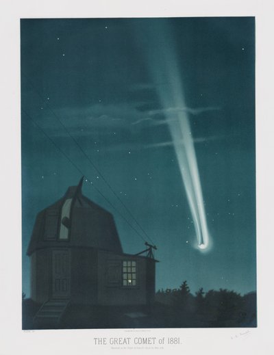 Vuoden 1881 suuri komeetta, havaittiin yönä 25.–26. kesäkuuta, klo 1.30, Trouvelot Astronomical Drawings 1881 -julkaisusta, pub. 1881 (värilitografia) tekijältä Étienne Léopold Trouvelot