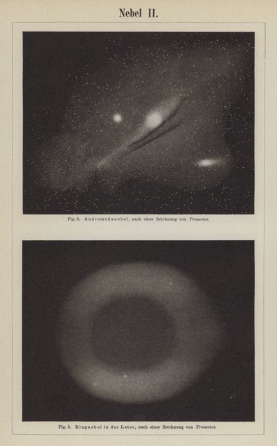 Näkymiä Andromeda-sumusta ja Rengassumusta Lyyran tähdistössä (kaiverrus) tekijältä Étienne Léopold Trouvelot