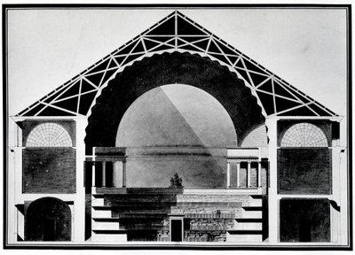 Bibliotheque Royale de France, rakennuksen poikkileikkauspiirustus. Arkkitehtuuri: Etienne Louis Boullee (Etienne-Louis Boullee), ranskalainen arkkitehti (1728-1799). tekijältä Etienne Louis Boullee