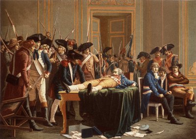 El matí del 10è Termidor Any II; Maximilien de Robespierre, amb una mandíbula fracturada, estès sobre una taula (cromolitho)finlandès tekijältä Etienne Lucien (after) Melingue