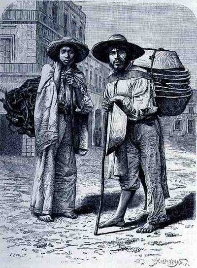Claude-Joseph-Desire Charnayn teos Charcoal and Batteas Vendors, The Ancient Cities of the New World, kaiverrus Henri-Theophile Hildebrand (1824-97), pub. 1887 tekijältä Etienne after Ronjat