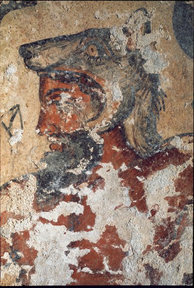 Aita (Eiza), jälkielämän etruskien jumala, yllään suden lakki (yksityiskohta freskosta, 4. eaa.) tekijältä Etruscan