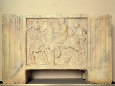 Alabasteri uurna, jossa vainaja ratsastaa Tuonelaan, 9.-1. vuosisata eaa. (alabasteri) tekijältä Etruscan
