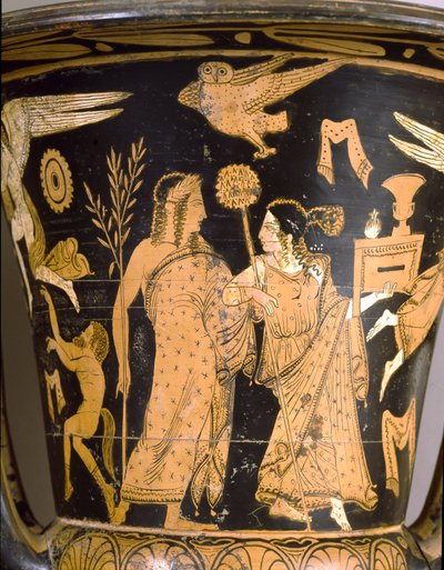 Antiikki etruski: kellokraatteri edustaa Troijan tuhoa: yksityiskohta Dionysosta ja Arianea. Falerii Veteres (Civita Castellana). 350-300 eaa. Rooma, Villa Giulian kansallismuseo tekijältä Etruscan