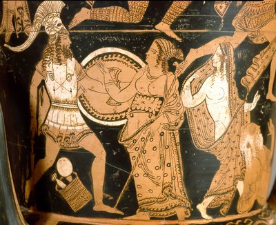Antiikki etruski: kellossa oleva kraatteri, joka edustaa Troijan tuhoa: yksityiskohta Menelasta kohti Aphroditea, Helene on edustettuna oikealla. Falerii Veteres (Civita Castellana). 350-300 eaa. Rooma, Museo Nazionale di Villa Giulia tekijältä Etruscan
