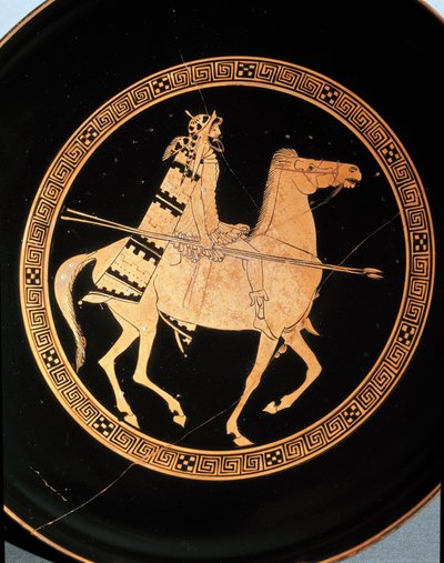 Etruskien antiikin: yksityiskohta kylixistä, joka edustaa ratsastajaa. Falerii Veteres (Civita Castellana) 5. vuosisadalta eKr. Rooma, Villa Giulian kansallismuseo tekijältä Etruscan