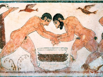 Etruskien taide: Urheilijat, jotka on kuvattu augurien haudassa Monterozzi Tarquinian hautausmaassa lähellä Viterboa Italiassa. Fresko 6. vuosisadalta eKr. tekijältä Etruscan