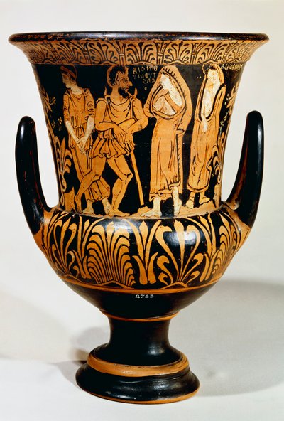 Turmuca Painterin verhiökrater (iso maljakko), joka kuvaa kohtausta alamaailmasta Charonin ja tyttöjen kanssa. Punahahmoista keramiikkaa Vulcista (Lazio). Etruskien sivilisaatio, 330-300 eaa. tekijältä Etruscan