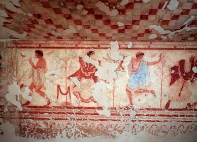 Tanssijat ja muusikot juhlan aikana. Freskot Tomba del tricliniumista, 5. vuosisadalta eKr tekijältä Etruscan