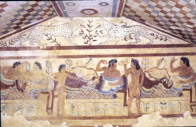 Etruskien leopardien hauta, fresko, joka esittää juhlakohtauksen, Tarquinia. 5. vuosisadalla eKr., Italia (fresko) tekijältä Etruscan