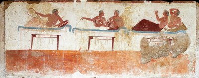 Etruskien taide: bankettikohtaus. Fresko "sukeltajan" haudasta. Paestumin eteläiseltä hautausmaalta. 480-470 eaa. Museo Archeologico Nazionale, Paestum tekijältä Etruscan