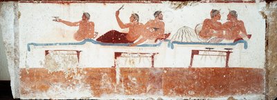 Etruskien taide: bankettikohtaus. Fresko "sukeltajan" haudasta. Paestumin eteläiseltä hautausmaalta. 480-470 eaa. Museo Archeologico Nazionale, Paestum tekijältä Etruscan