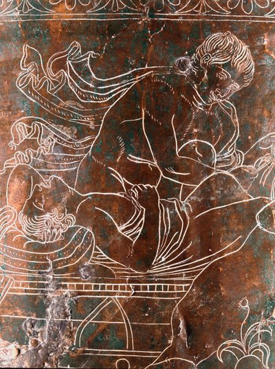 Etruskien taide: yksityiskohta pronssisesta Ficoroni Cistussta, joka edustaa legendaa argonauteista: Argosin laivasta. Preneste (Palestrina). 340 eaa. Museo Nazionale di Villa Giulia, Rooma tekijältä Etruscan