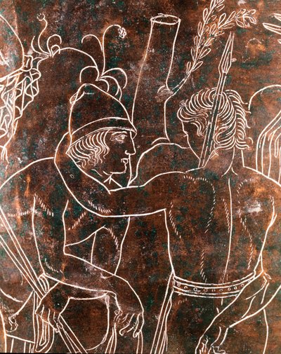 Etruskien taide: yksityiskohta pronssisesta Ficoroni Cistussta, joka edustaa legendaa argonauteista. Preneste (Palestrina). 340 eaa. Villa Giulian kansallismuseo, Rooma tekijältä Etruscan