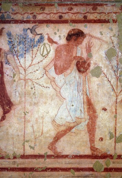 Etruskien taidetta: freskoja, jotka kuvaavat juhlakohtauksia, yksityiskohtia, jotka kuvaavat lyyransoittajaa. Trikliniumin hauta. 5. vuosisadalla eaa. Italian Tarquinian kansallinen arkeologinen museo tekijältä Etruscan