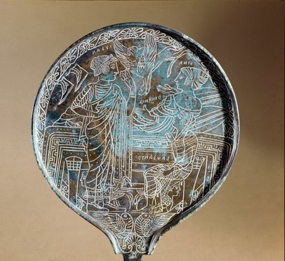 Etruskien taide: peilin takaosa pronssista: Aphrodite suostutteli Helenen seuraamaan Pariisia Troijaan. 5. vuosisadalla eaa. Rooma, Museo Nazionale di Villa Giulia tekijältä Etruscan