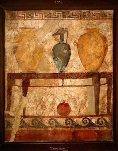 Etruskien taidetta: pöytä maljakoineen tarjoineen. Fresko Paestumin hautausmaalta. 4. vuosisadalla eaa. Museo Archeologico Nazionale, Napoli, Italia tekijältä Etruscan