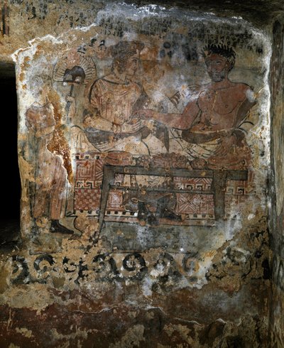 Etruskien sivilisaatio: Larth Velcha ja hänen vaimonsa Velia Seithi edustivat juhla-ateria "Scudin" (tomba degli scudi) haudan freskolla 340 eaa. Monterozzin hautausmaa, Tarquinia, Italia tekijältä Etruscan