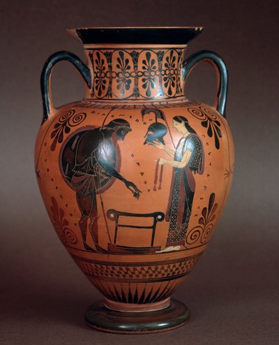 Etruskien sivilisaatio: Thetistä edustava terrakottahydria luovuttamassa aseita pojalleen Akilleukselle, 550-500 eKr. Cerveteristä, Italiasta tekijältä Etruscan