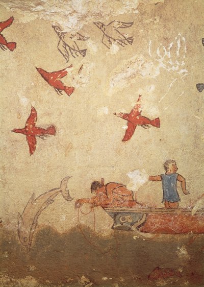 Kalastusvene, metsästyksen ja kalastuksen haudalta, n. 520-10 eKr. (seinämaalaus) tekijältä Etruscan