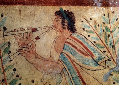 Huilunsoittaja. Yksityiskohta freskosta Leopardien haudasta, 5. vuosisadalla eKr tekijältä Etruscan