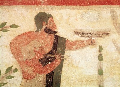 Miehen ja lapsen pää, joka soittaa kaksoishuilua, Paronin haudasta, n.500 eKr. seinämaalaus yksityiskohta 407470:stä tekijältä Etruscan