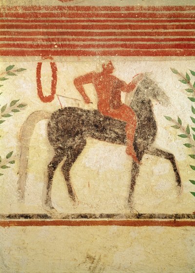 Ratsumies, vasemmalla puolella, Baronin haudalta, n. 500 eKr. (seinämaalaus) tekijältä Etruscan