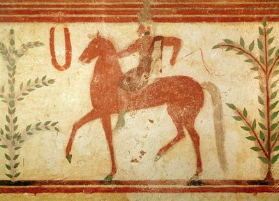 Ratsumies, oikealla puolella, Paronin haudalta, noin 500 eKr. (seinämaalaus) tekijältä Etruscan