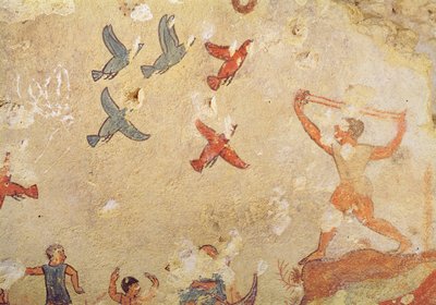 Lintujen metsästäjä, metsästyksen ja kalastuksen haudalta, n. 520-10 eKr. (seinämaalaus) tekijältä Etruscan
