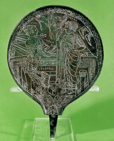 Peili, joka kuvaa Afroditea taivuttelemassa Heleniä seuraamaan Pariisia Troijaan Palestrinasta (pronssi) tekijältä Etruscan
