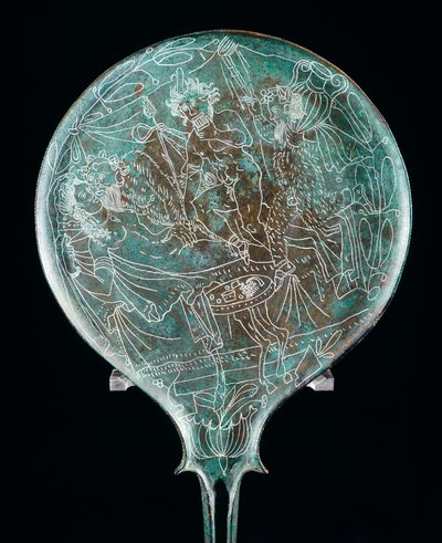 Peili, joka kuvaa juhlakohtausta, pronssinen esine Prenestestä (Lazio). Etruskien sivilisaatio, 4. vuosisadalla eKr. tekijältä Etruscan