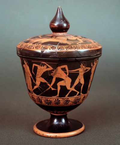 Pyxis palaestran näyttämöllä, terrakotta, 520-500 eKr. tekijältä Etruscan