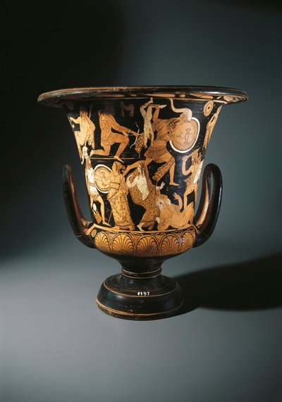 Punahahmoinen keramiikka, verhiökraatteri, joka kuvaa Neoptolemosta, Astyanaxia, Troijalaisen Heleniä ja Priamoa maassa, Nazzano Painter, Civita Castellana tekijältä Etruscan