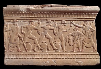Helpotusta urheilijoiden kilpailulla marmorivirstanpylväästä Chiusissa, Italiassa, 6. vuosisadalla eKr. tekijältä Etruscan