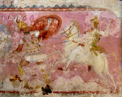 Amatsonien sarkofagi, jossa on maalattu taistelukohtaus, valkoista kalkkikiveä, Tarquinia, Latiumin alue, Italia, detalji tekijältä Etruscan