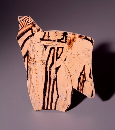 Terrakottafragmentti kylixistä, joka edustaa maenadia ja satyyriä, 350 eaa tekijältä Etruscan