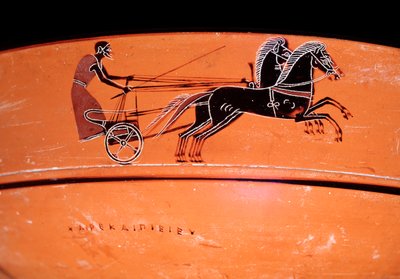 Detall de gerro de terracota que representa un carro tirat per dos cavalls, segle IV a.C. tekijältä Etruscan