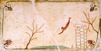 sukeltaja, noin 480-490 eKr., koristeellinen fresko Paestumin sukeltajan haudan kansilaatasta, Campania, Italia, 5. vuosisata eKr. tekijältä Etruscan