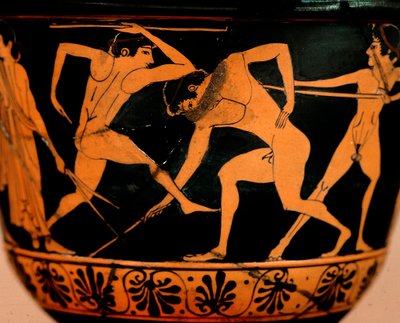 Etruskien taidetta: pyxis koristaa palestra-kohtausta, urheilijat harjoittelevat keihäänheittoa Cerveteristä. Rooma, Museo di Villa Giulia tekijältä Etruscan Etruscan
