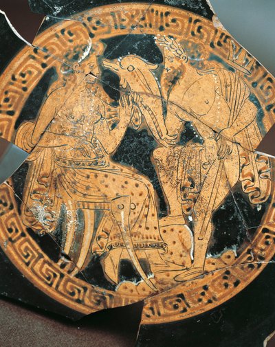Punakuvioinen keramiikka, Poseidonia ja Amphitritea esittävän kraterin sisäkoristelu, etruskien sivilisaatio. tekijältä Etruscan Etruscan