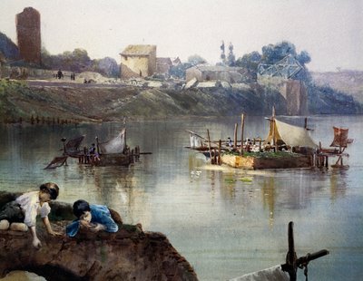 Kalastajien giornelli (kalanpyörät) Tiberissä lähellä Porto di Ripa Grandea Roomassa, kirjoittanut Ettore Roesler Franz (1845-1907), akvarelli, Italia tekijältä Ettore Roesler Franz