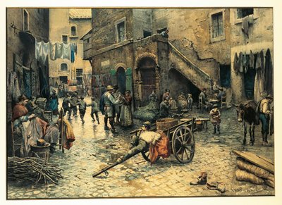 Italia, Rooma, Katuelämää Via Capocciutolla (juutalais)ghetossa Roomassa kirjoittanut Ettore Roesler Franz, akvarelli tekijältä Ettore Roesler Franz
